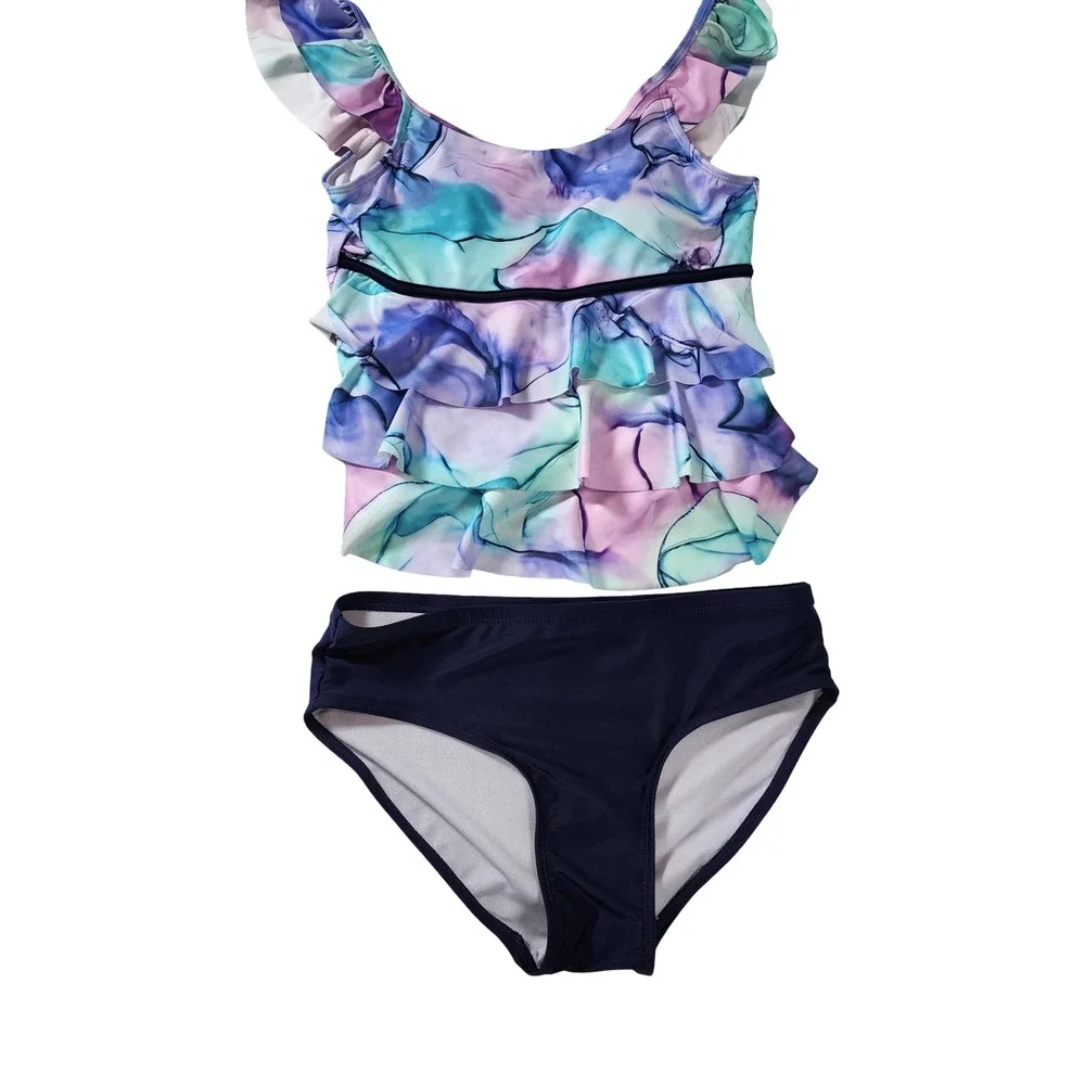 Justice Girls Purple Blue Marble Swirl Ruffle Tankini Swimsuit Set XL 16/18